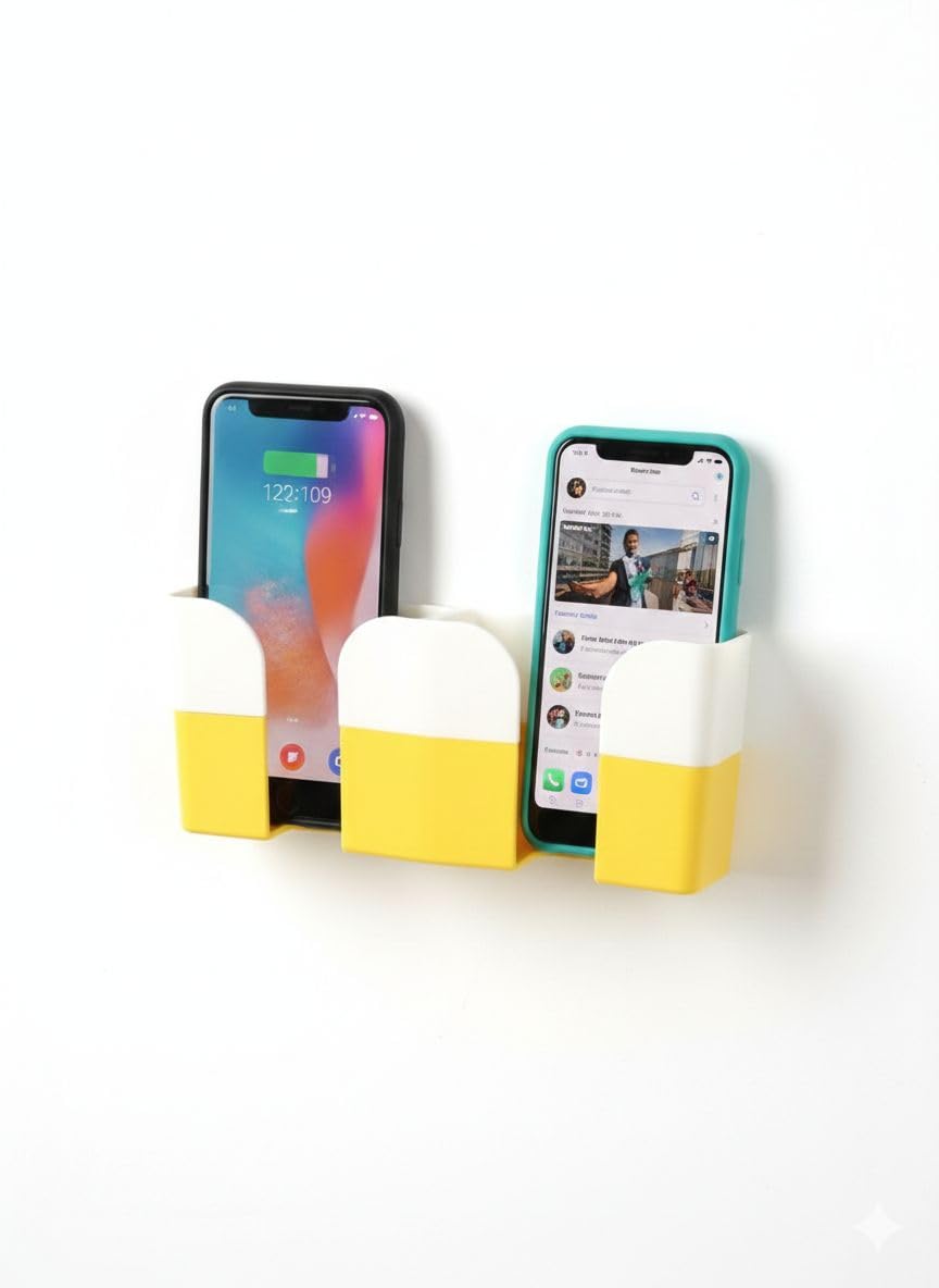 Wall Mounted Dual Mobile Phone Holder, White and Yellow, Holds 2 Phones, 7 inch Length, Space Saving Charging Stand with Cable Management-picture-25