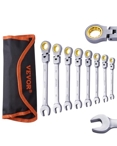VEVOR Flex-Head Ratcheting Wrench, 8-Piece Combination Set with Roll-up Pouch, Cr-V Steel Flexible Metric 8-17 mm for General Household, Auto Repairs