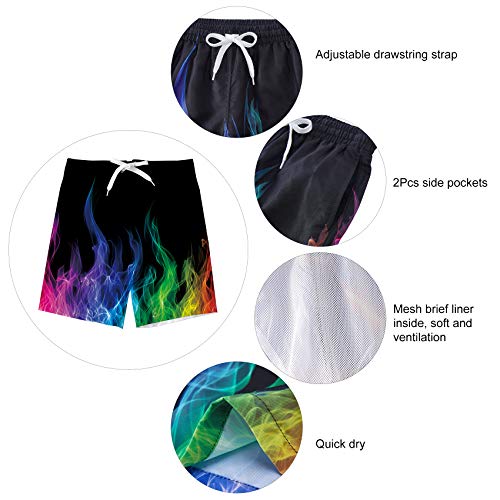 Boys Colorful Fire Swim Trunks Casual Graphic Bathing Suit Purple Smoke Swimsuit With Pockets Quick Drying Short 7-8 Years Beach Shorts Grandson Swim Camp Swimwear Shorts For Teens #TOP3