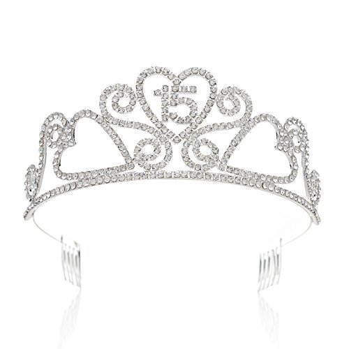SWEETV Sparkly Birthday Tiara Quinceanera Crown - Silver Diamante 15th Birthday Party Teenage Girl Hair Jewelry