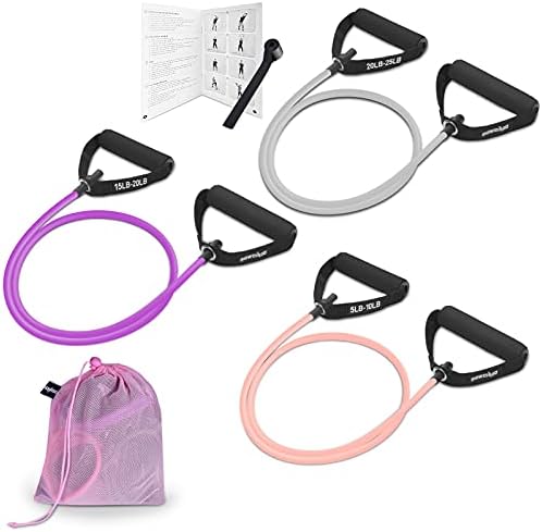 Resistance Exercise Bands Set with Handles Workout Bands for Physical Therapy, Strength Training, Muscle Toning - Door Anchor and Workout Guide.(Pink,Purple,Gray)