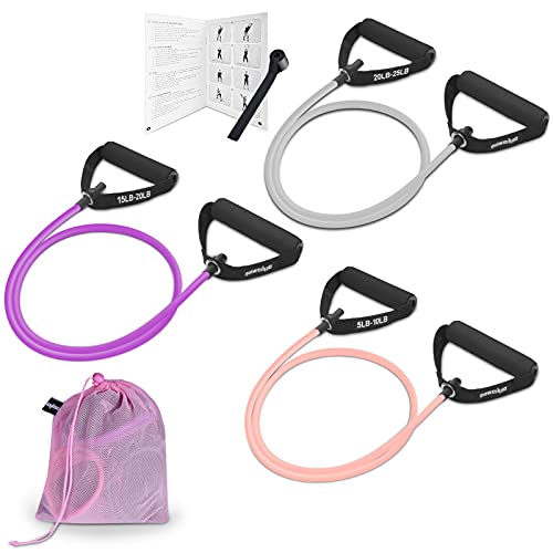 Resistance Exercise Bands Set with Handles Workout Bands for Physical Therapy, Strength Training, Muscle Toning - Door Anchor and Workout Guide.(Pink,Purple,Gray)