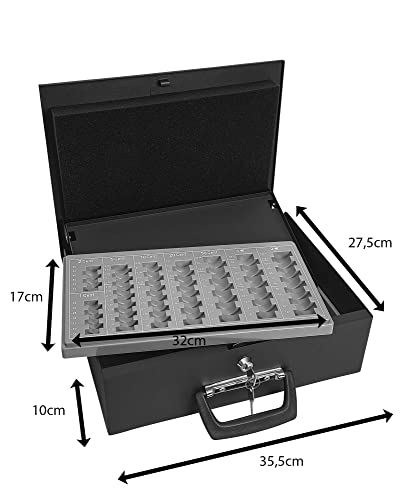 Wedo 150100801 Geldzählkassette Universa (aus Stahlblech, für Hart- und Papiergeld, mit zwei Tragegriffen und 4-Fächereinsatz für Geldscheine, 35,5 x 27,5 x 10 cm) schwarz