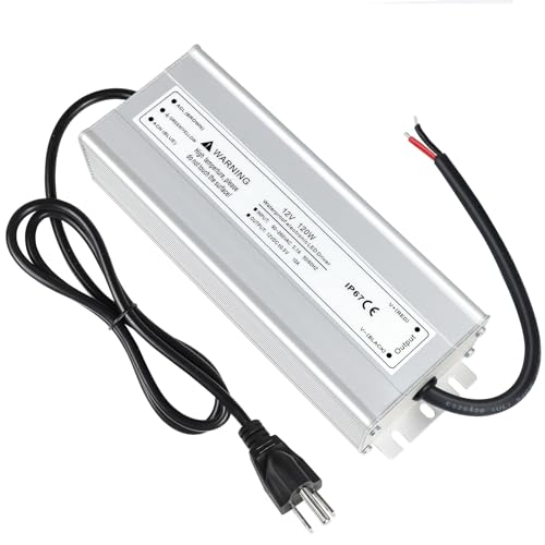 Image of LightingWill LED Driver 120 Watts Waterproof IP67 Power Supply Transformer, 90-265V AC to 12V DC Low Voltage Output, Adapter with 3-Prong Plug 3.3 Feet Cable for Outdoor Use, Computer Project