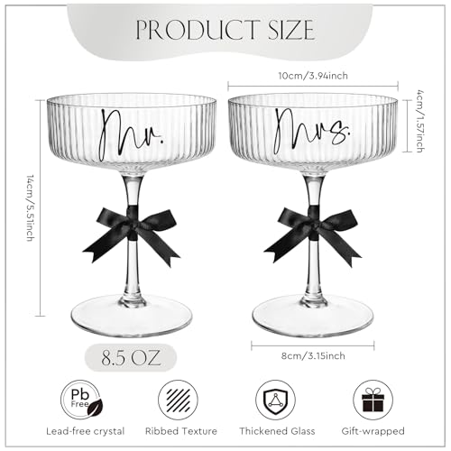 Image of AW BRIDAL Mr and Mrs Martini Champagne Glass, 8.5oz Ribbed Coupe Glass Set