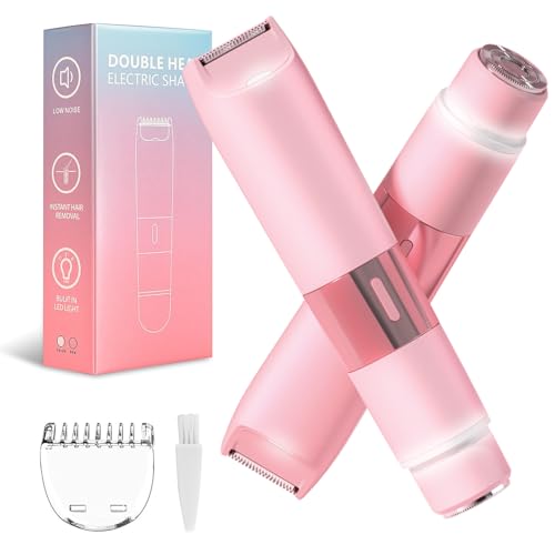 Bikini Trimmer for Women - 2 in 1 Painless Electric Razors for Women, LED IPX7 Waterproof Rechargeable Dual Head Electric Shaver for Lady Bikini Underarm, Body, Leg, Hair Remove