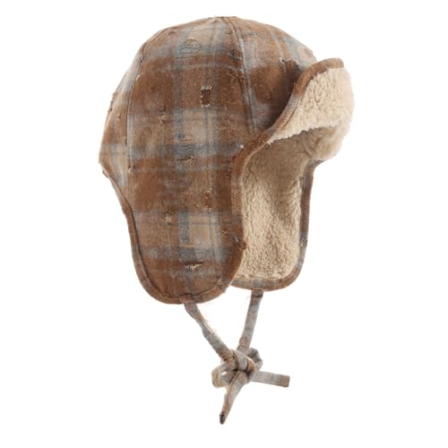 YUEHUINIAO Fashionable Checkered Fleece Lined Lei Feng Hat with Soft Interior for Winter Warmth Lightweight Polyester Fiber