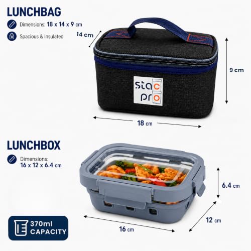 Image of Borosilicated Glass Lunch Box with Insulated Lunch Bag, 370ml | Leakproof Airtight Bento Box for Office, School, College & Travel | 4 Side Secure Locking Clip Lid (Glacier Blue)