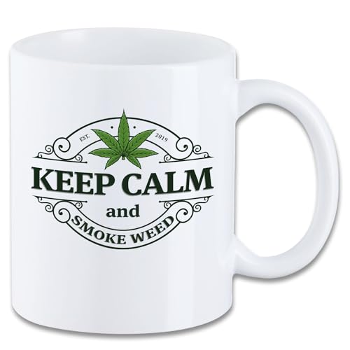 Tasse mit Spruch ″Keep calm and smoke weed″ T07 Motiv Geschenk Cannabis Gras Marihuana Ganja Geburtstag Spruchtasse Motivtasse Mug