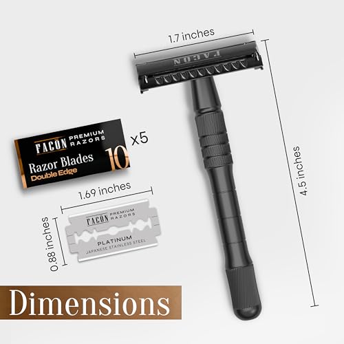 Facón Double Edge Safety Razor for Men & Women - Butterfly Open Stainless Steel Razor w/ 50 Platinum Double Edge Safety Razor Blades, Single Blade Razor for Smooth Close Shave, Reusable & Eco-Friendly