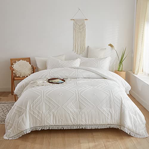 Oarage Boho White Comforter Set Queen,3 Piece Tassel Geometric Textured Tufted Comforter For Queen Size Bed,Shabby Chic Bedding Comforter Sets(2 Pillowcase), All Season Bed Set #TOP1