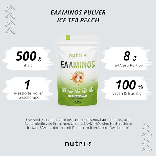 Nutri + EAA Powder Ice-Tea Peach 500 g - vegan + hochdosiert - alle essenzielle Aminosäuren - Eistee-Pfirsich Geschmack EAAs Essential… – Ansicht 2