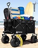 Hikenture Beach Wagon with Balloon Wheels, 9' PU Tires Collapsible Wagon, 440lbs Heavy Duty Beach Cart with Big Wheels for Sand, Large Capacity Utility Wagons Carts Foldable (Enlarged Air Pump)