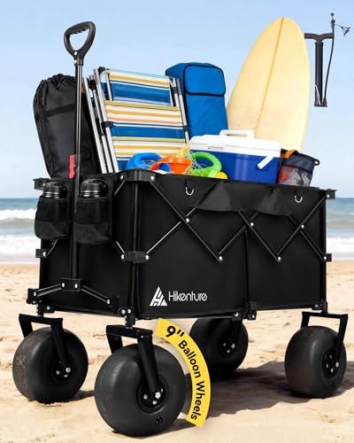 Hikenture Beach Wagon with Balloon Wheels, 9' PU Tires Collapsible Wagon, 440lbs Heavy Duty Beach Cart with Big Wheels for Sand, Large Capacity Utility Wagons Carts Foldable (Enlarged Air Pump)