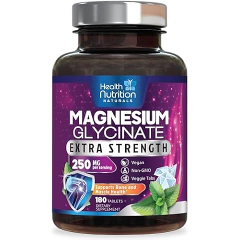 Magnesium Glycinate 250 mg - Natural, High Absorption Magnesium Tablets Chelated for Muscle, Nerve, Bone & Heart Health Support - Gentle Form, Non-GMO, Gluten Free, Vegan Supplement - 180 Tablets Cover