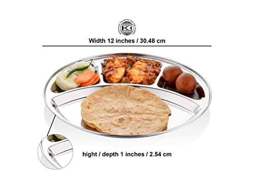 King International Stainless Steel Plates, Stainless Steel Divided Dinner Plate|Four Section Round Dinner Plates Set Of 6-30Cm| Stainless Steel Divided Indian Dinner Plates, Indian Thali Plate #TOP4