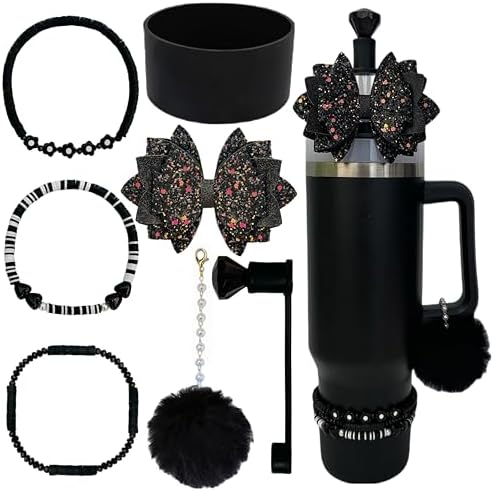 Accessories for Stanley Cup,1 Straw Bowknot Topper,3 Beads Bracelets for Tumbler 40oz,1 Siliocne Boot,1 Straw Topper Cover,1 Pompom Ball Charms for Water Bottle Handle (Black)