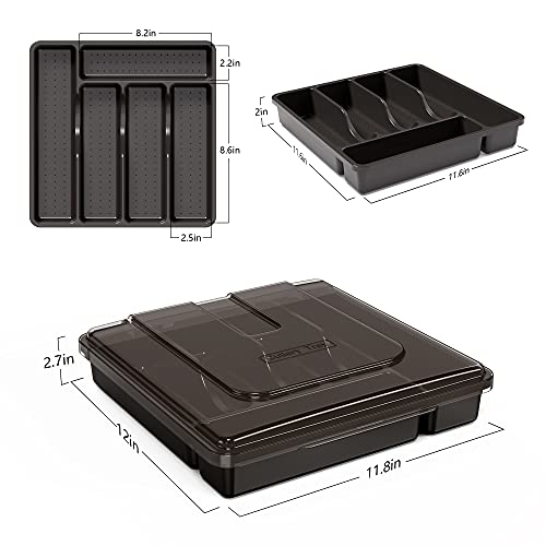 Yicochi Utensil Holder For Countertop With Lid, Plastic Silverware Tray For Drawer, 5 Compartments Flatware Organizer, Black #TOP3
