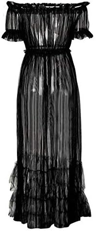 Women Sexy Lace Off Shoulder Mesh See Through Long Pleated Maxi Dress Club Party Gown - Image 5