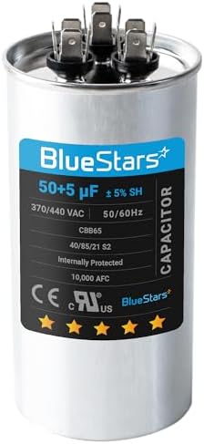50+5 MFD uf 370 or 440 Volt VAC Dual Run Circular Start Capacitor Replacement Part by BlueStars - Exact Fit for Condenser Straight Cool or Heat Pump Air Conditioner - Replaces 97F9850 97F9970