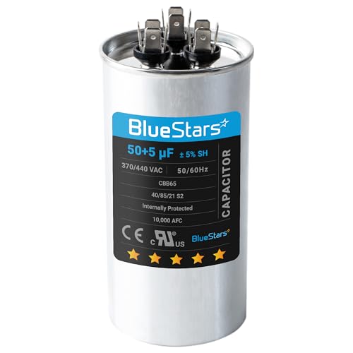 50+5 MFD uf 370 or 440 Volt VAC Dual Run Circular Start Capacitor Replacement Part by BlueStars - Exact Fit for Condenser Straight Cool or Heat Pump Air Conditioner - Replaces 97F9850 97F9970