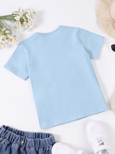 Image of Girls Graphic Tees Summer Short Sleeve Tops Casual Cute Flower Shirt Blue 7-8 Years