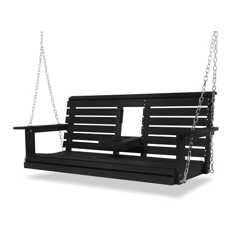 Poly Lumber 3-Seat Porch Swing, HIPS 5-Feet Bench Swing with Foldable Cup Holders,18/8 Stainless Steel Hardware, High Backrest and Deep Contoured Seat, Carbon Black