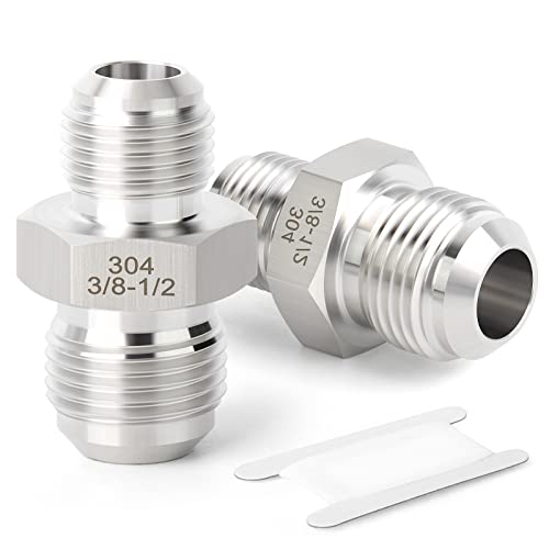 Image of TAISHER 2PCS Forging of 304 Stainless Steel Tube Flare Fittings, 3 /8 inch Male Flare x 1 /2 inch Male Flare, Union