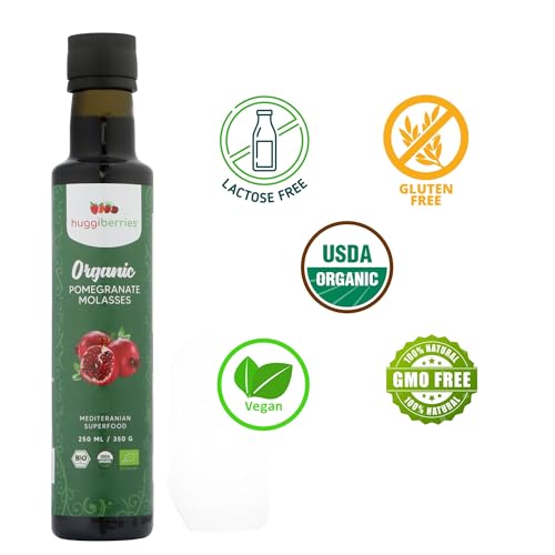 Huggiberries Organic Premium Pomegranate Molasses 250ml/350g (8 fl oz) - Mediterranean Superfood, No Sugar Added -Sour from Turkey, GMO-Free - Rich Fruit Flavor, for Cooking and Drizzling