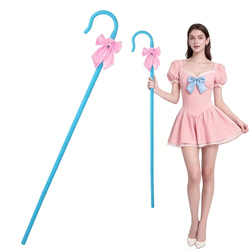 xiazaizai 52 Adjustable Plastic Shepherd Staff with Bow Tie Suitable for Party Costumes and Role-Playing Props (Blue/Pink 1 Pack)