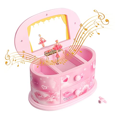Musical Jewelry Box for Little Girls,Company Ballerina Pink Storage Case for Kids,Christmas Birthday Presents Dance Toy Gift,Ring,Earring,Bracelet,Necklace Display Drawer Organizer with Makeup Mirror