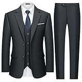 MAGE MALE Mens 3 Piece Slim Fit Suits Tuxedo Suit Set Prom Wedding Suits Two Button Blazer Jacket Vest Pants with Tie Charcoal Black