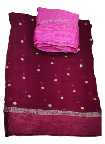 Image of Pure Georgette Sequence Work Saree with Contrast Blouse, Satan Patta Fabric