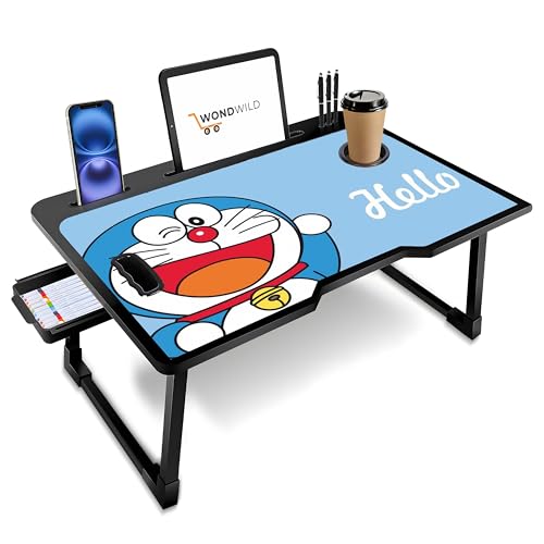 Image of WONDWILD Premium Foldable Wooden Mini Laptop Table for Bed, Study Table with Drawer, Tablet /Mobile Holder for Kids & Adults (DRM COTTED)
