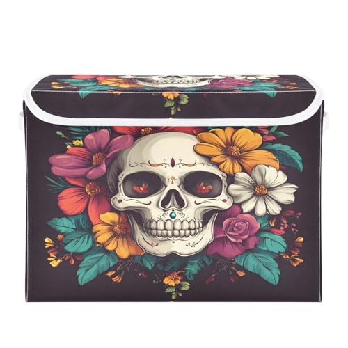 senya Large Storage Bins with Linen Halloween Skull Flower Collapsible Foldable Storage Cubes Fabric Closet Organizer Containers box with Flip-Top Lid for Home Bedroom Office 16.7 x 12.6 x 11.8in