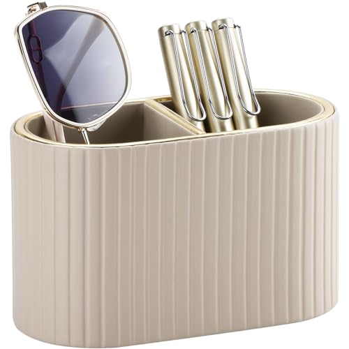 KINGFOM ペン立て 筆立て ペンスタンド縦ストライプ ペンホルダー ペンケース PUレザー おしゃれ 大容量 卓上収納 文房具 オフィス 学校 子供用 (ライトブラウン)