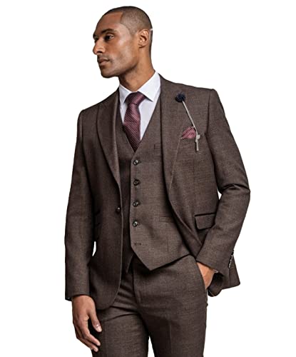 SIRRI Herr tweed rutig smal passform kostym jacka väst byxor brun bröllop formell brun set säljs separat, Blazer Only, Brown, 52 EU