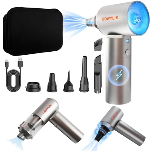 DOWYLIK Compressed Air Duster, 150,000RPM Compressed Air with LED, 2-in-1 Mini Vacuum, Electric Air Duster for PC Cleanning Kit, Canned Air Duster for Computers-Air Blower for Electronics with Case