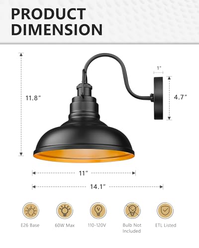 Image of zeyu 11 Inch Black Barn Light, 1-Light Indoor Wall Sconces, Modern Wall Light for Dining Room, Kitchen with Interior Gold, Matte Black Finish, 016-1B BK-G
