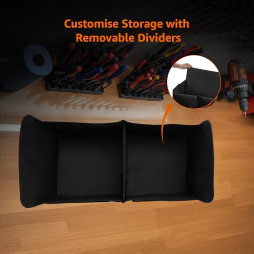 Image of Amazon Basics Car Boot Organizer with 2 Large Compartments & 2 Pockets| Foldable 600D Oxford Storage Box with Securing Straps (Black, 60 x 37 x 31cm)