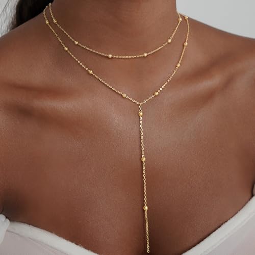 Turandoss Gold Necklace for Women - Dainty Long Y Necklace 14K Gold Plated Y-Shaped Lariat Necklaces Layered Beaded Chain Lip Chain CZ Pearl Cross Drop Necklaces for Women Trendy Jewelry2