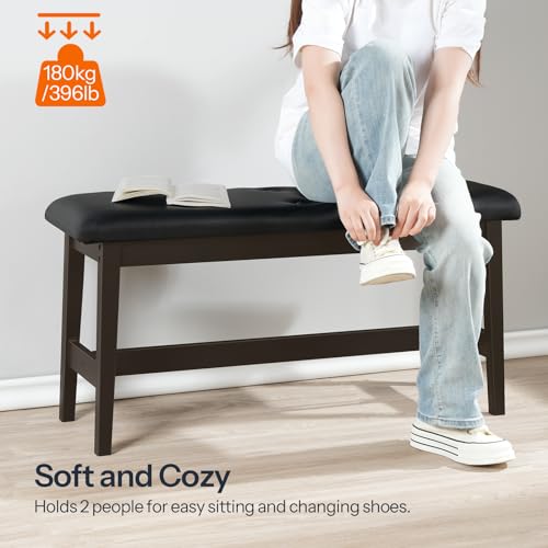 HOOBRO Dining Bench Bundle, Pair of 2 Benches, Industrial Style Indoor Benches,Bamboo Dining Room Bench with PU Leather Upholstered Seat, for Kitchen, Dining Room, Living Room BF01CD01-CB13CD01