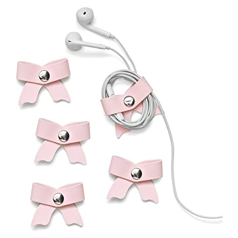 SenseAGE 5 Pack Cord Organizer, Bow Cord Keeper, Cable Organizer USB holder, Leather Cable Management, Cable Straps, Earphone winder, Storage Straps for Electronics, Earbuds, Small, Pink Cover