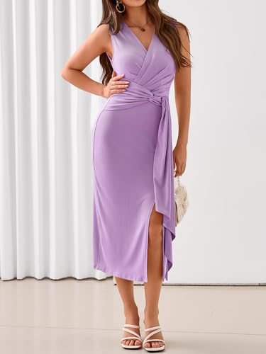 Image of YIOYOLA Womens Sleeveless Ruched V Neck Sheath Casual Party Midi Bodycon Dresses with Slit