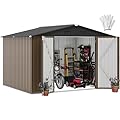 DWVO 10x8FT Outdoor Storage Shed, Spacious Metal Tool Shed with Lockable Doors & Ventilation for Patio, Lawn, and Backyard, Ideal for Storing Garden Equipment, Lawnmowers, and Bicycles, Brown