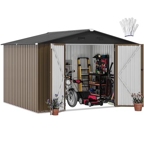 Image of DWVO 10x8FT Outdoor Storage Shed, Spacious Metal Tool Shed with Lockable Doors & Ventilation for Patio, Lawn, and Backyard, Ideal for Storing Garden Equipment, Lawnmowers, and Bicycles, Brown