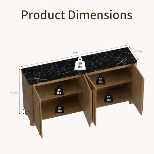 Image of 65 inch Sideboard Buffet Cabinet with Storage Set of 2, Wood Grain Top Credenza with Adjustable Shelves, Curved Accent Cabinet with Round Legs for Dining Room, Living Room, Entryway, Coffee Bar, Walnut