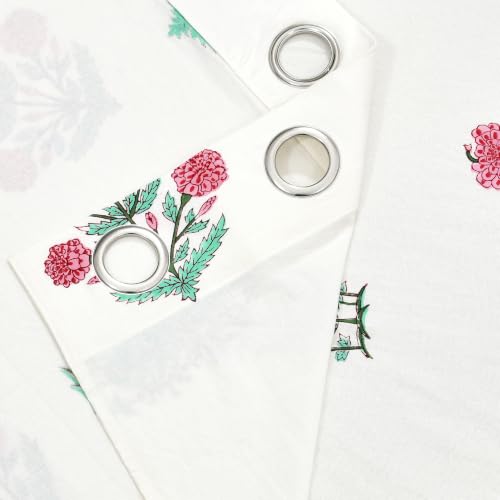 Image of BLOCKS OF INDIA Blackout Hand Block Printed Cotton Daylight Curtains with Eyelets(Set of 2 Curtains) (Block 12, 7 Feet /Door), Pink, White