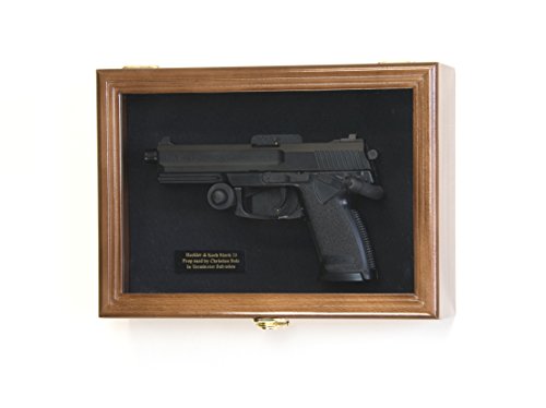 Single Pistol Display Case Wall Mount Solid Hardwood Cabinet (Walnut Finish, Black Felt Background)