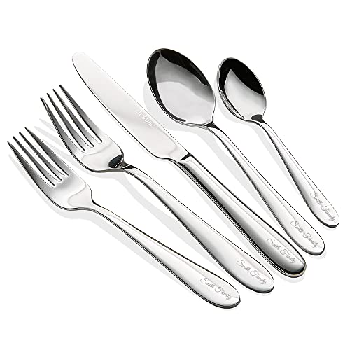 Personalized 20 Piece Silverware Set, EIUBUIE Custom Engraved Stainless Steel Flatware Set for 4 Mirror Polished Kitchen Cutlery Sets Include Upgraded Heavy Forks and Spoons Knives, Dishwasher Safe